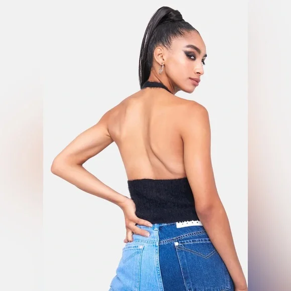 THE RAGGED PRIEST Bug Fuzzy Eyelash Ribbed Knit Halter Crop Top Zip Up Black S - Picture 4 of 12